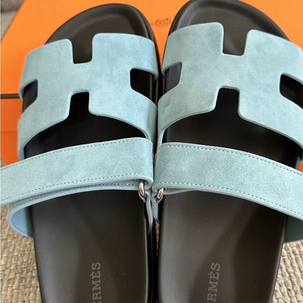 NIB HERMÈS Bleu Minéral Suede Women’s Chypre Sandals - Picture 8 of 11